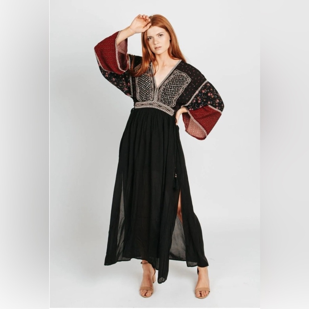 Free people Freya Maxi Dress Embroidered Beaded kimono sleeves size L